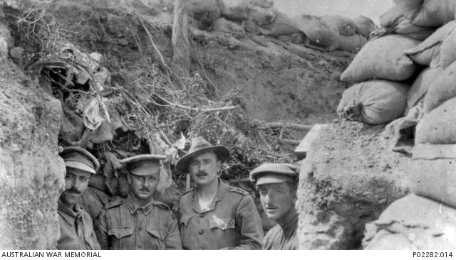 Four Autralian soldiers in a trench at Lone Pine Gallipoli in 1915